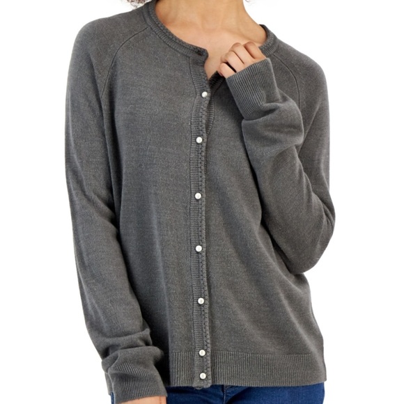 Karen Scott Women's Pearlized Button Crewneck Cardigan Sweater Heather Gray NWT - Picture 3 of 11